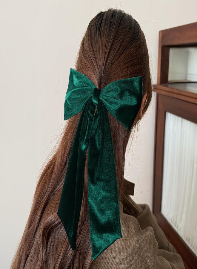 melyde 6.5 Inch Velvet Hair Bow Clip Classic Bowknot Ponytail Holder Long Velvet Ribbon Barrette Hair Accessories for Women Girls, Dark Green - Image 4